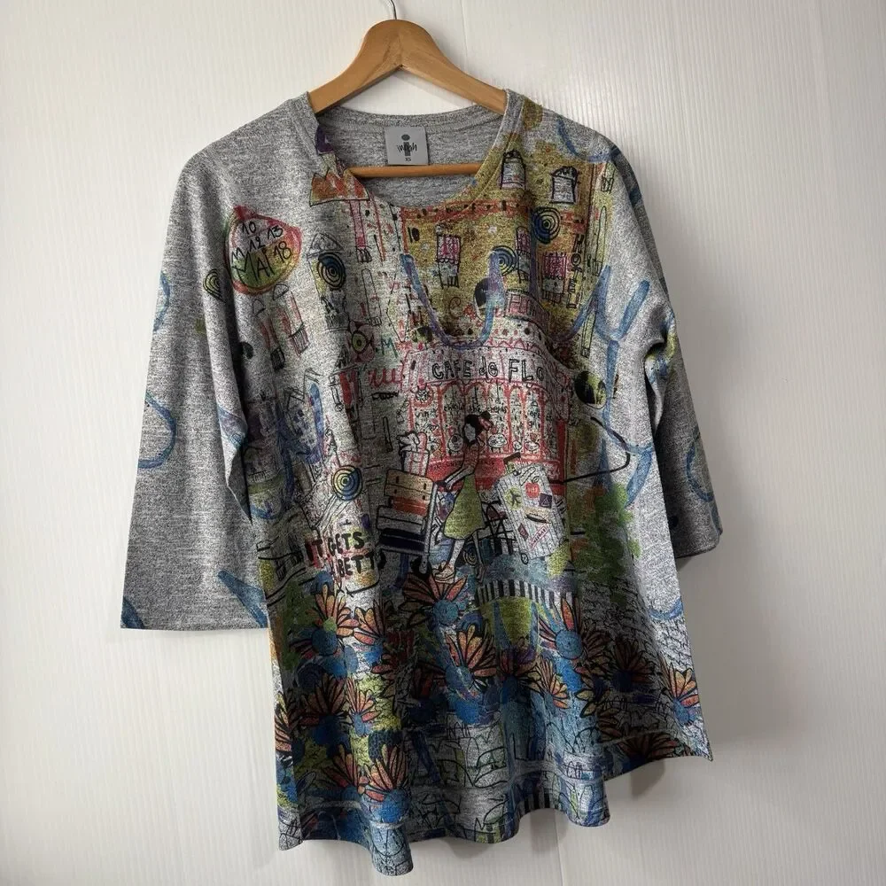 Inoah Women City Walk Crew Neck 3/4 Sleeve Top Size XS Tee Tunic Graffiti